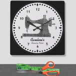 Houndstooth Check Sewing Machine Wall Clock<br><div class="desc">Perfect gift for anyone who loves to sew or quilt. Personalise this vintage looking wall clock printed with a vintage style sewing machine image in a houndstooth check pattern. Neutral black and white colours allow it to be a nice accent in any room.Your choice of round or square.</div>