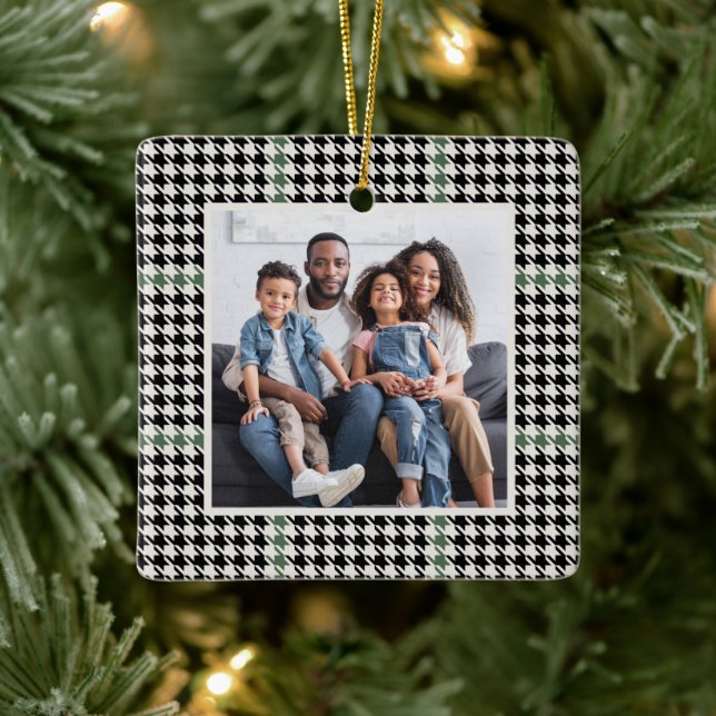 Houndstooth classic green one photo personalised ceramic ornament (Tree)