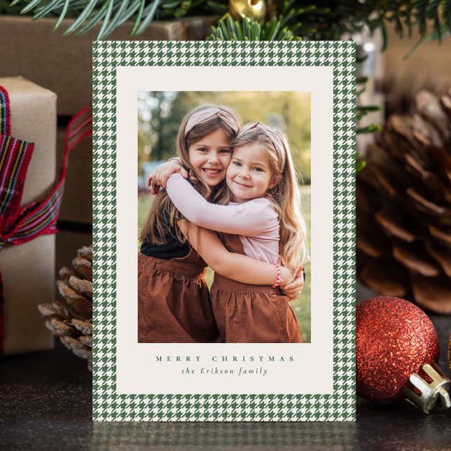 Houndstooth frame classic green Christmas photo Holiday Card (Creator Uploaded)