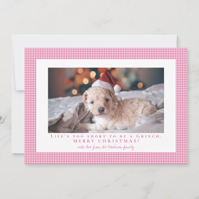 Houndstooth  French Rose frame photo  Holiday Card (Front)