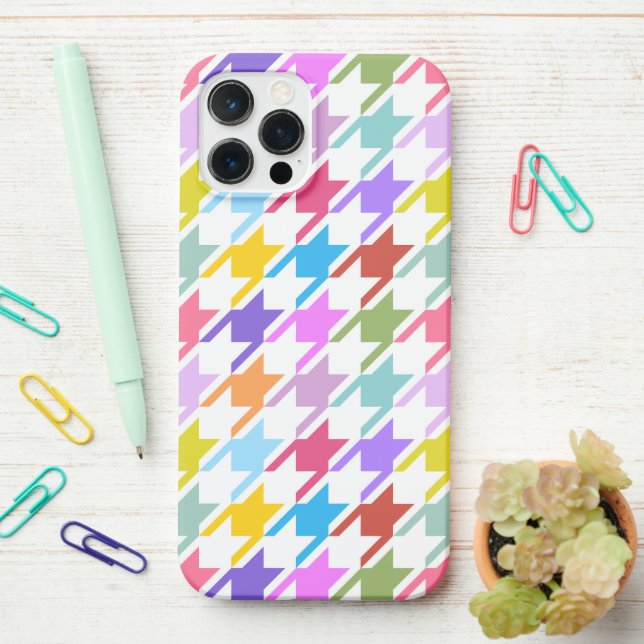 Houndstooth Multicolor+White Big Pattern iPhone Case (On Desk)