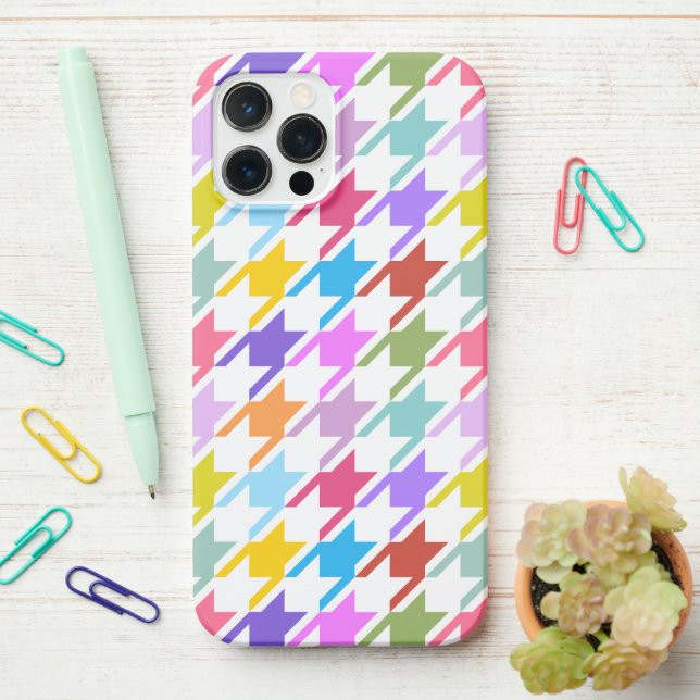 Houndstooth Multicolor+White Big Pattern iPhone Case (On Desk)