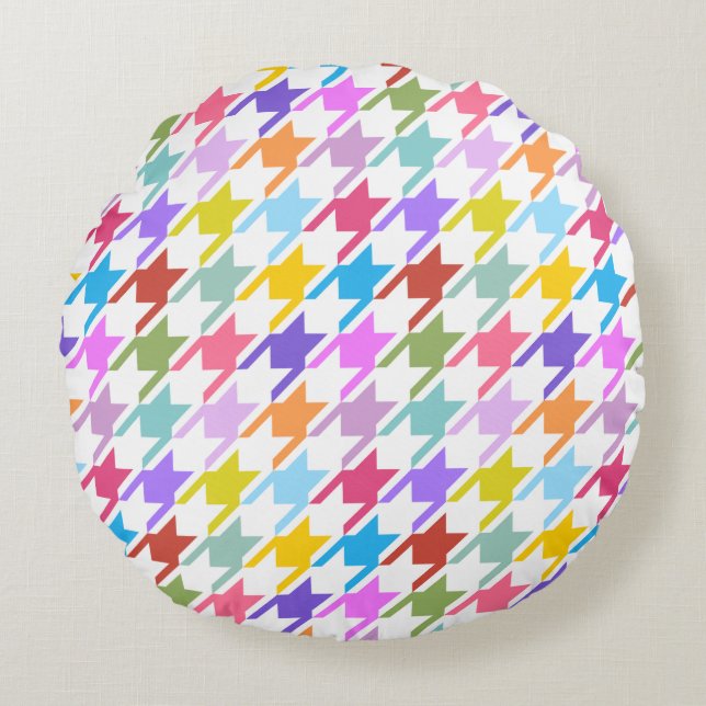 Houndstooth Multicolor+White Big Pattern Round Cushion (Front)