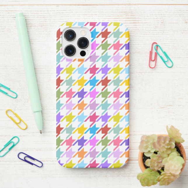 Houndstooth Multicolor+White Pattern iPhone Case (On Desk)