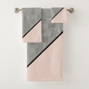 Houndstooth Pattern, Black Stripes, Blush Pink Bath Towel Set