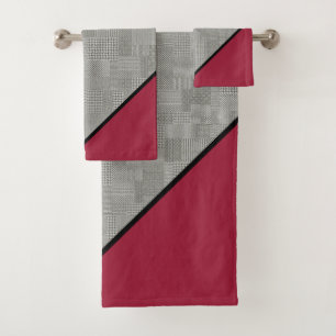 Houndstooth Pattern, Black Stripes, Burgundy Bath Towel Set