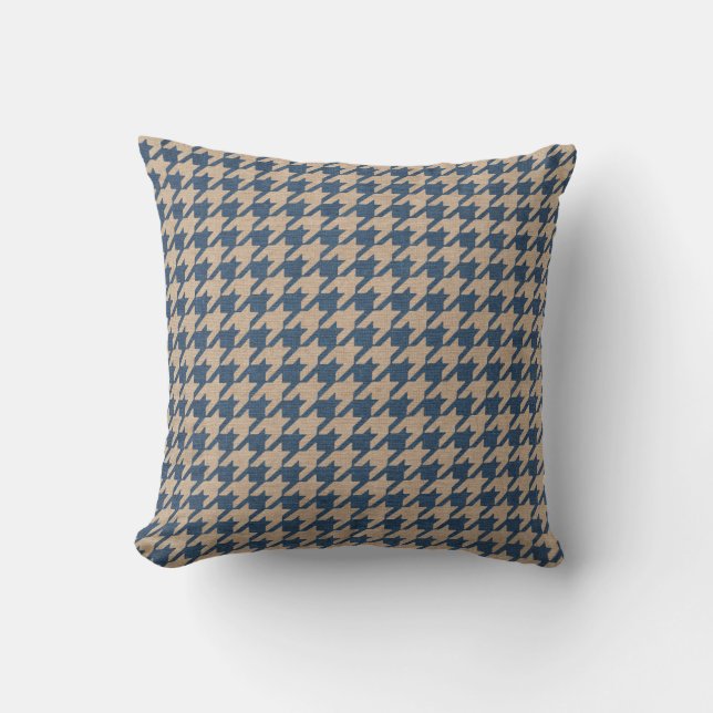 Houndstooth Pattern Denim Blue and Tan Cushion (Front)