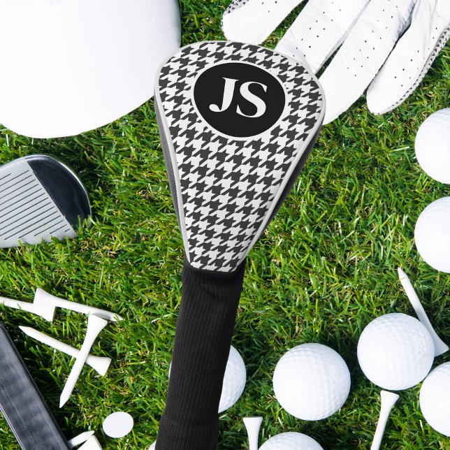 Houndstooth Pattern Monogrammed Black White Golf Head Cover (Creator Uploaded)