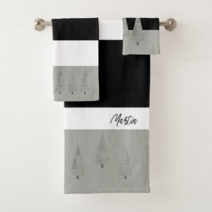 Houndstooth Patterned Christmas Tree Monogrammed Bath Towel Set