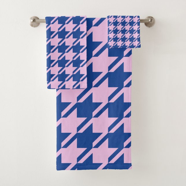 Houndstooth Pink+Blue Mixed Pattern Bath Towel Set (Insitu)
