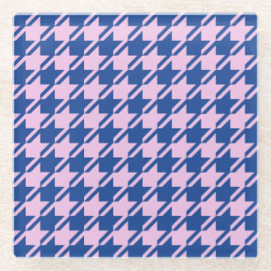 Houndstooth Pink+Blue Pattern Glass Coaster