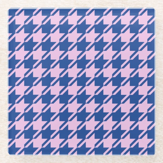 Houndstooth Pink+Blue Pattern Glass Coaster (Front)