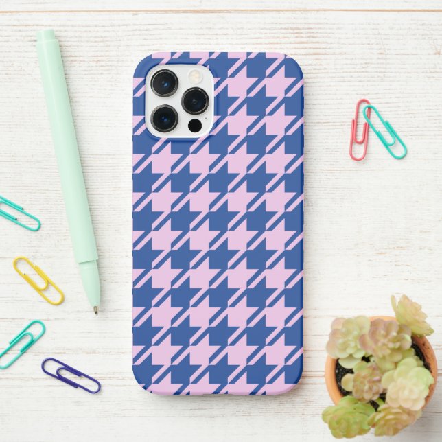 Houndstooth Pink+Blue Pattern iPhone Case (On Desk)
