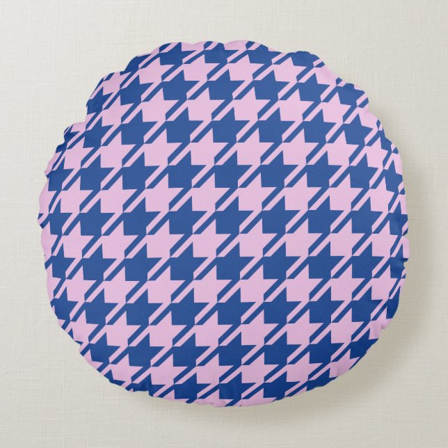Houndstooth Pink+Blue Pattern Round Cushion (Front)