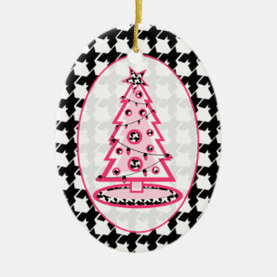 Houndstooth & Pink Christmas Tree Ceramic Tree Decoration