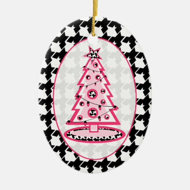 Houndstooth & Pink Christmas Tree Ceramic Tree Decoration (Front)