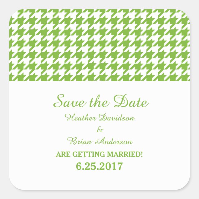 Houndstooth Save the Date Stickers, Green Square Sticker (Front)