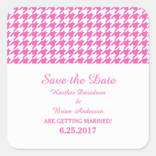 Houndstooth Save the Date Stickers, Pink Square Sticker