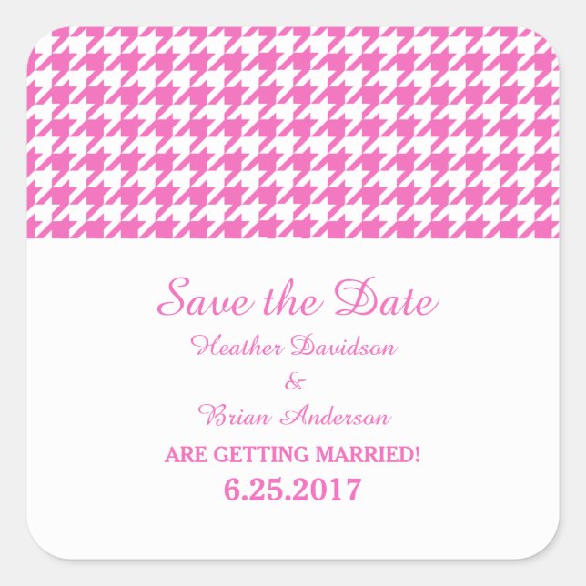 Houndstooth Save the Date Stickers, Pink Square Sticker (Front)