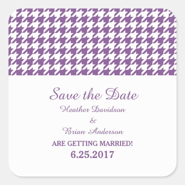 Houndstooth Save the Date Stickers, Purple Square Sticker (Front)