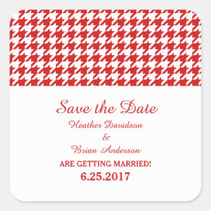 Houndstooth Save the Date Stickers, Red Square Sticker