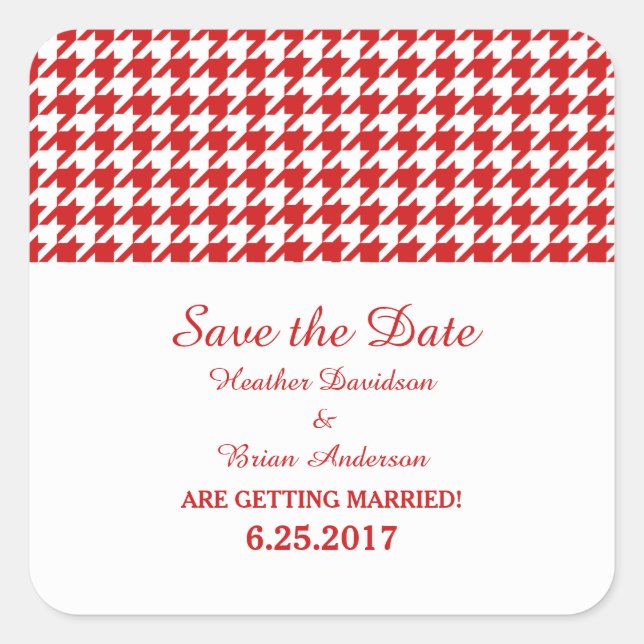 Houndstooth Save the Date Stickers, Red Square Sticker (Front)