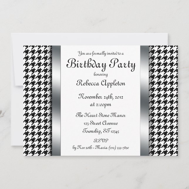 Houndstooth & Silver Design Birthday Party Invites (Front)