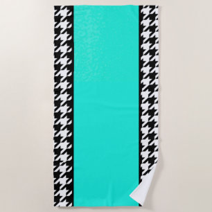 Houndstooth, teal, black, and white chequered beach towel
