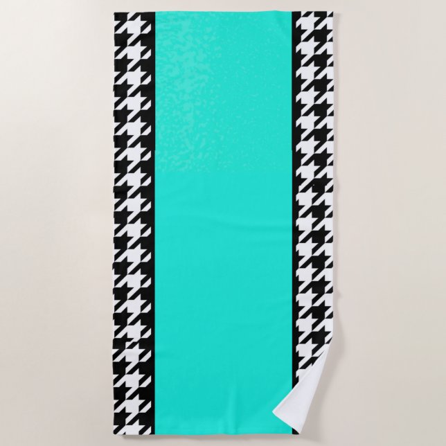 Houndstooth, teal, black, and white chequered   beach towel (Front)