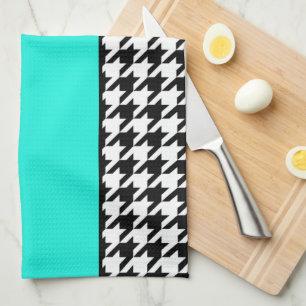 Houndstooth, teal, black, and white chequered tea towel