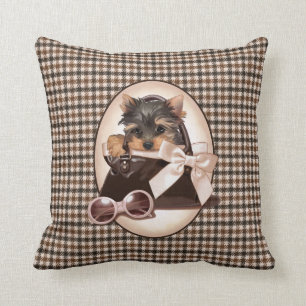Houndstooth Yorkie Puppy Cushion