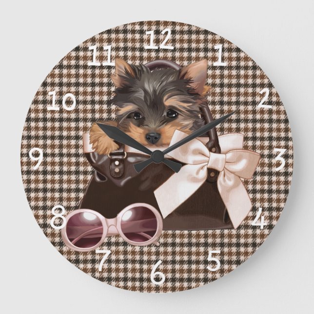 Houndstooth Yorkie Puppy Large Clock (Front)