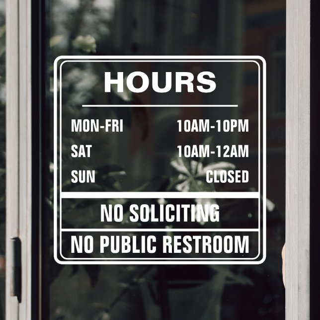 Hours of Operation No Soliciting Public Restroom (hours of operation transparent door sticker with no public restroom and no soliciting text)