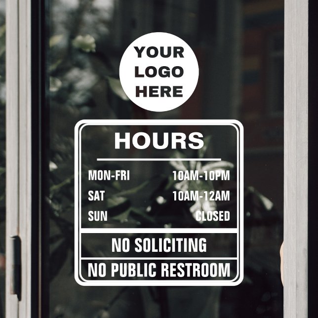 Hours of Operation No Soliciting Restroom Logo (hours of operation transparent door sticker with logo, no public restroom and no soliciting text)