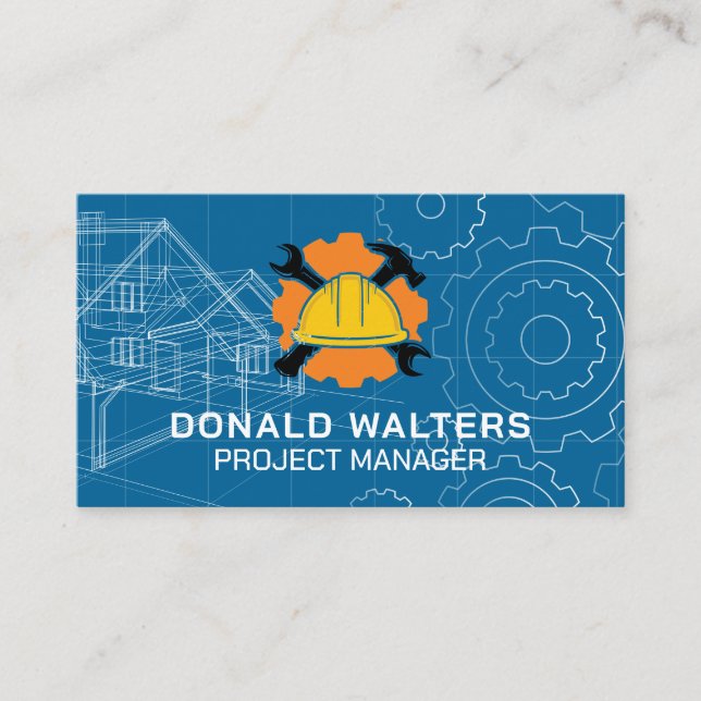 House Blue Prints | Gears | Construction Logo Business Card (Front)