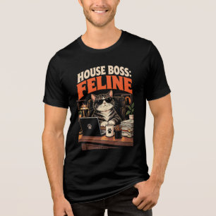 House Boss Feline Funny Boss Cat Working on Laptop Tri-Blend Shirt