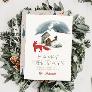 House Chimney Red Fox Winterscape Christmas Holiday Card