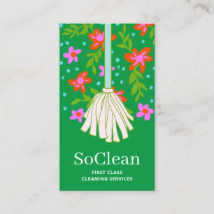 House Cleaner Cleaning Services Floral Mop  Business Card