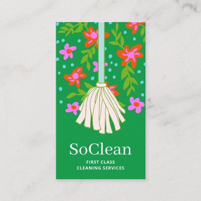 House Cleaner Cleaning Services Floral Mop  Business Card (Front)