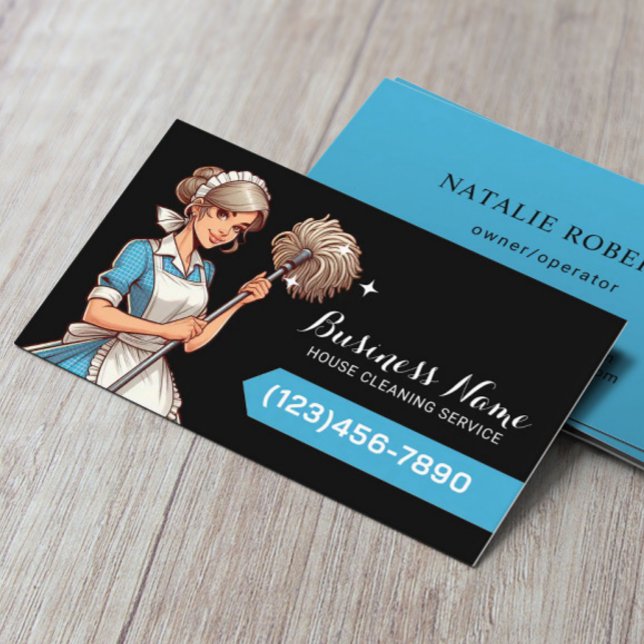 House Cleaning Cartoon Girl Maid Service Black Business Card (Creator Uploaded)