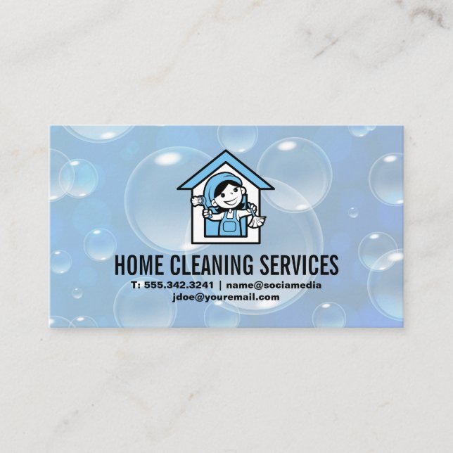 House Cleaning Cartoon Maid | Soap Bubbles Business Card (Front)