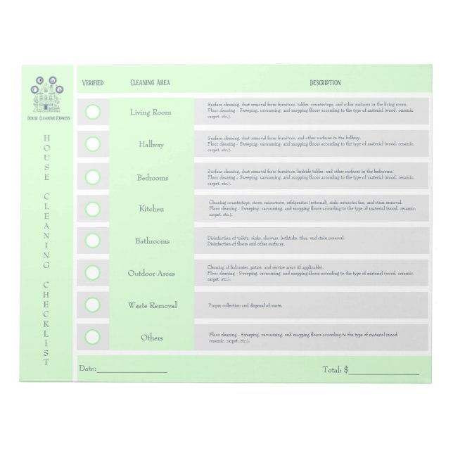 House Cleaning Checklist and Budget Notepad (Front)