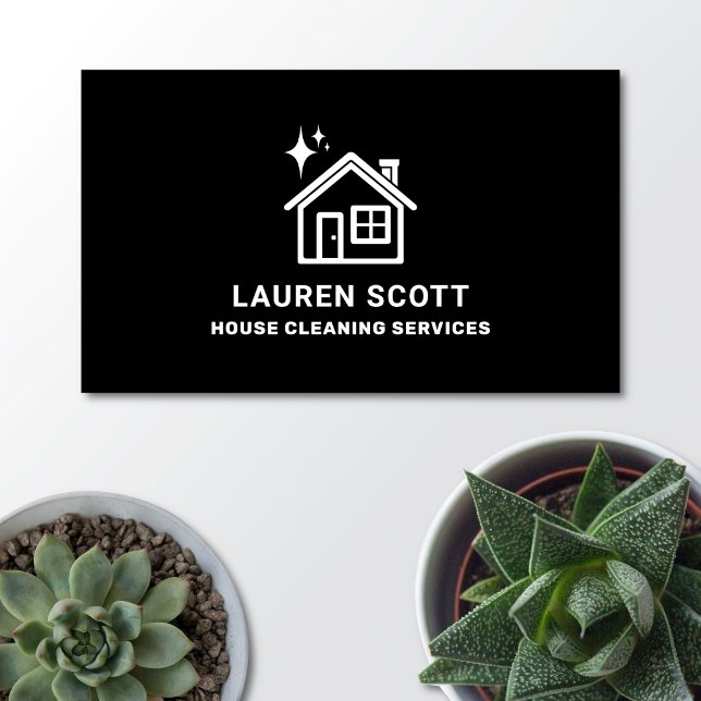 House Cleaning Cleaner Simple Minimalist Black Business Card (House cleaning business card on a light background with potted plants.)