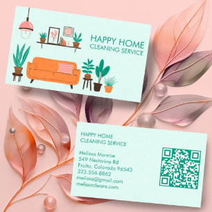 House Cleaning Cute Livingroom Art Custom QR Code Business Card