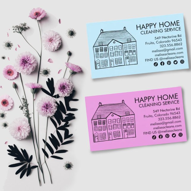 House Cleaning Home Services Charming Janitorial  Business Card (Cute house drawing on customizable business card with social media icons. Change background color)