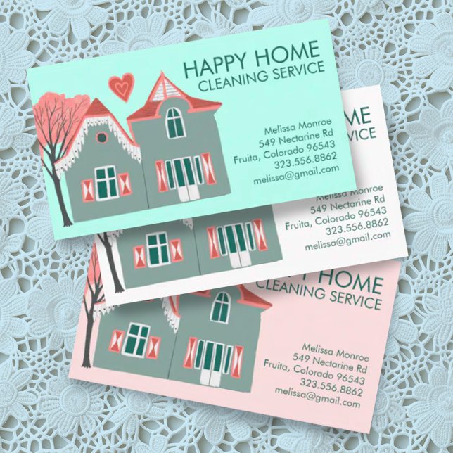 House Cleaning Home Services Charming Pink Green Business Card (Cute house custom business cards for housecleaners, maids, janitorial services)