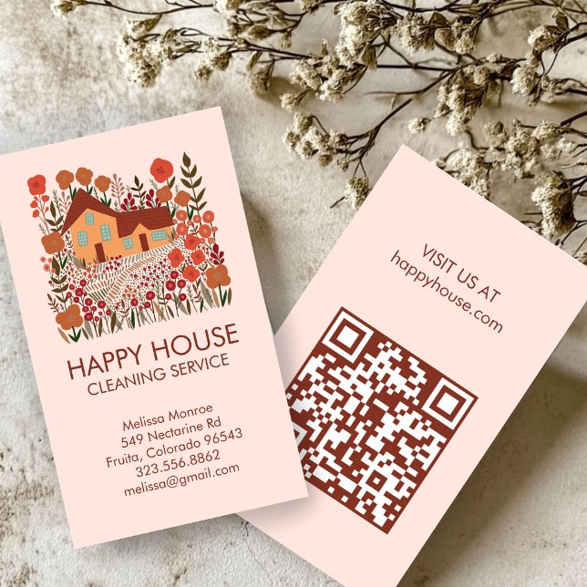 House Cleaning Home Services Floral Farmhouse QR  Business Card (House Cleaning Home Services Floral Farmhouse QR Business Card
)