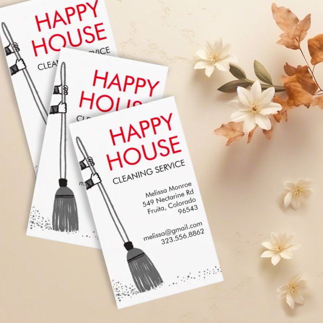 House Cleaning Home Services Janitorial Supplies Business Card (Cute drawing of a broom decorates this custom business card perfect for cleaning services)