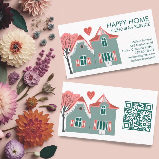 House Cleaning Home Services Pink Green QR Code Business Card (Cute house illustration cleaning services business card with custom QR code)