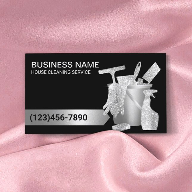 House Cleaning Housekeeping Modern Black & Silver Business Card (Creator Uploaded)